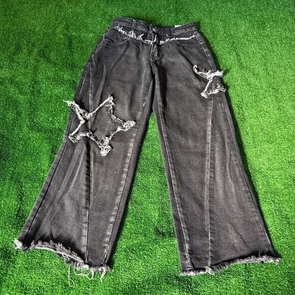 SHEIN Star Pattern Raw Trim Straight Leg Black Jeans Denim Pants Petite Size S - Picture 4 of 14